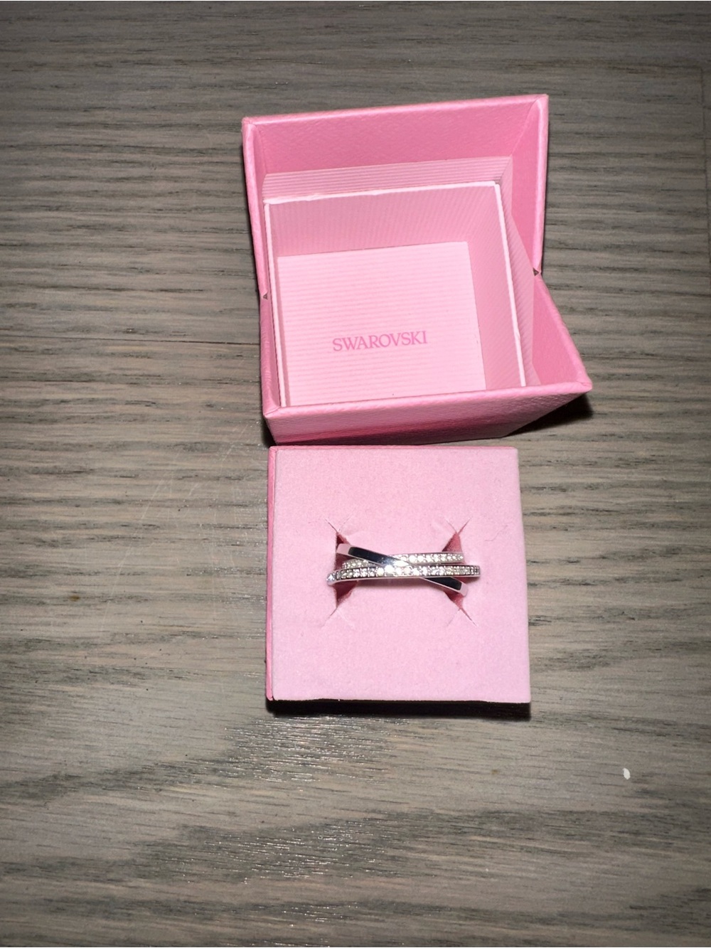 Swarovski Silver-Tone Crystal Crossover Ring with Pink Box